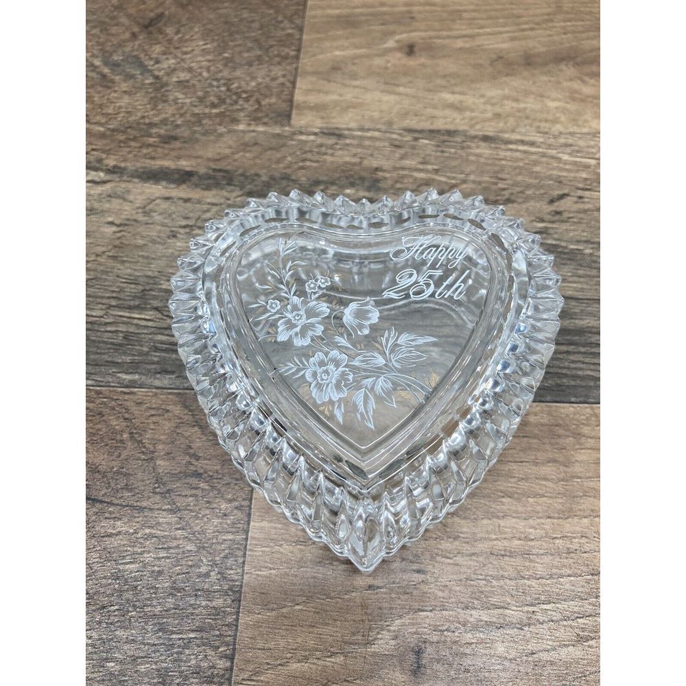 Heart shaped Clear Glass trinket box with lid says Happy 25th with flowers